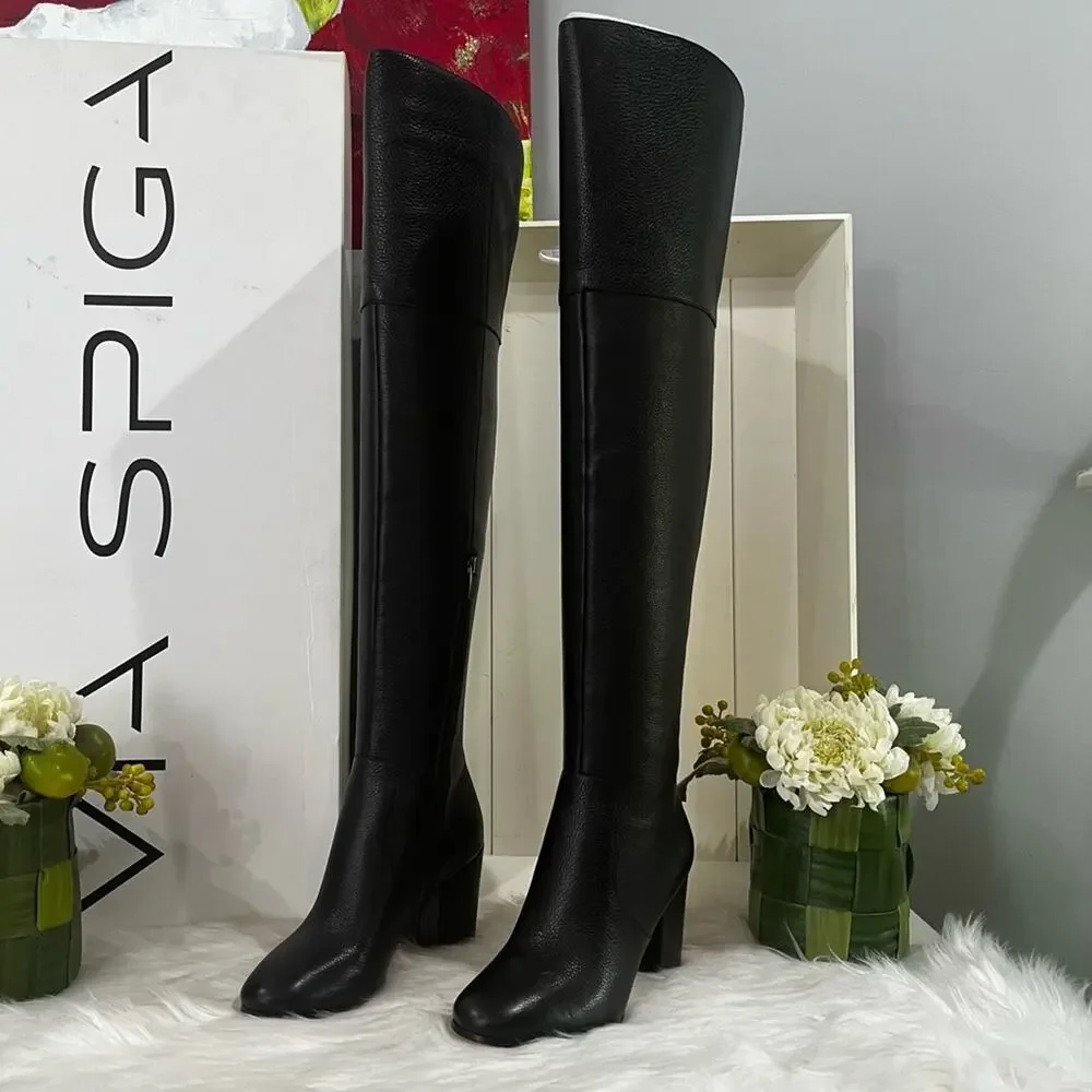 NEW Via Spiga Pebbled Leather Over The Knee OTK Chunky Heel Almond Boots 5.5 NIB